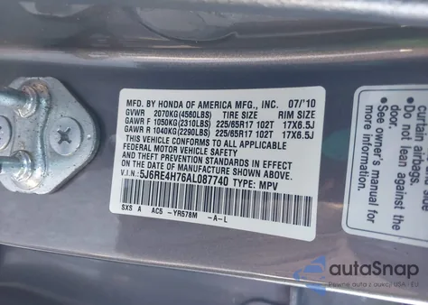 2010 Honda Cr-V Ex-L from USA, damaged, VIN 5J6RE4H76AL087740